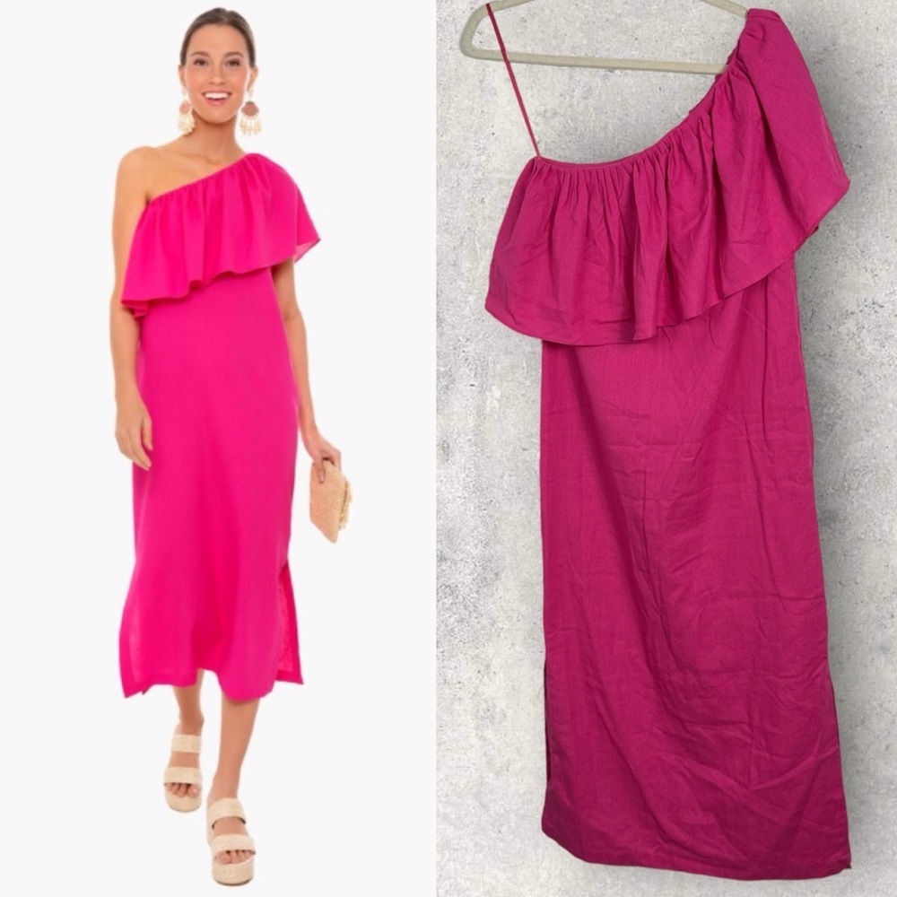 Tuckernuck Pomander Place Florencia One Shoulder Dress Linen Size XS Midi Pink